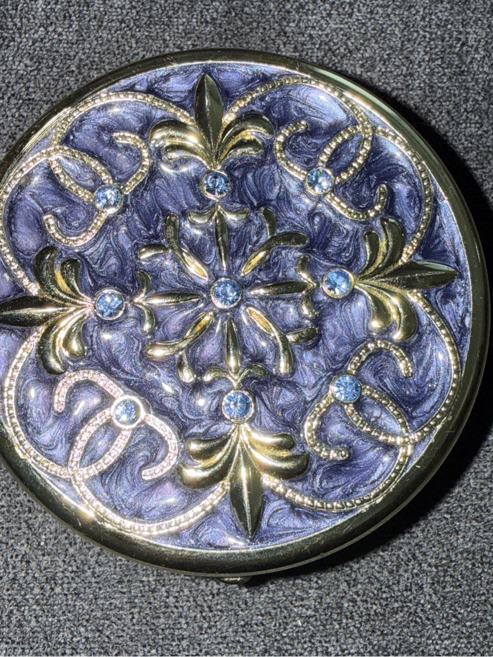 Partylite Ornate Round Compact Mirror with Blue Enamel & Gold Filigree